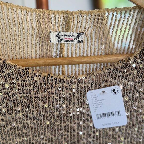 🌞NWT Small Free People Intimately Gold Rush Long Sleeve Sequin Top - Gold, #56 - Picture 2 of 6